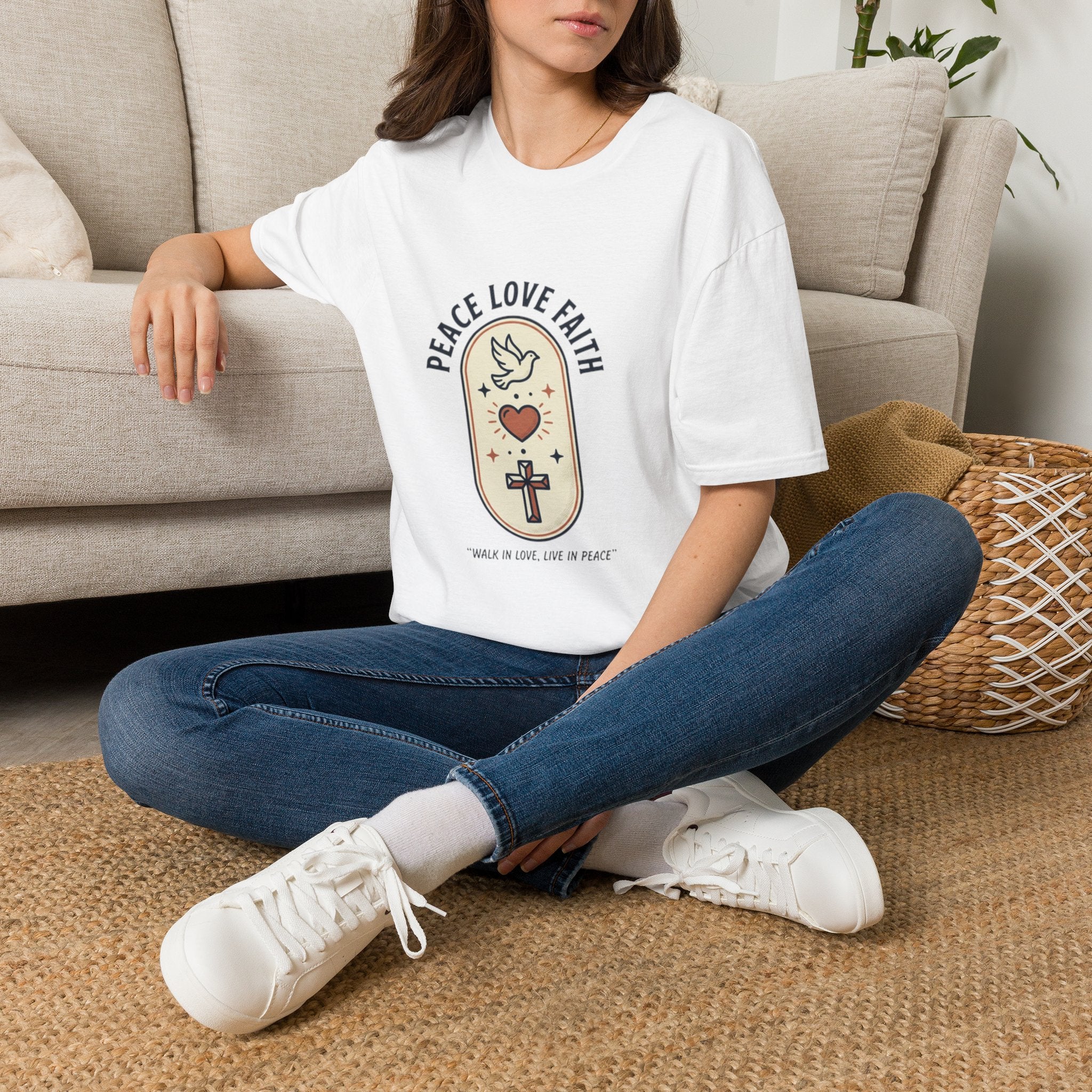 Peace Love Faith T-Shirt — Dove Heart Cross Inspirational Christian Tee