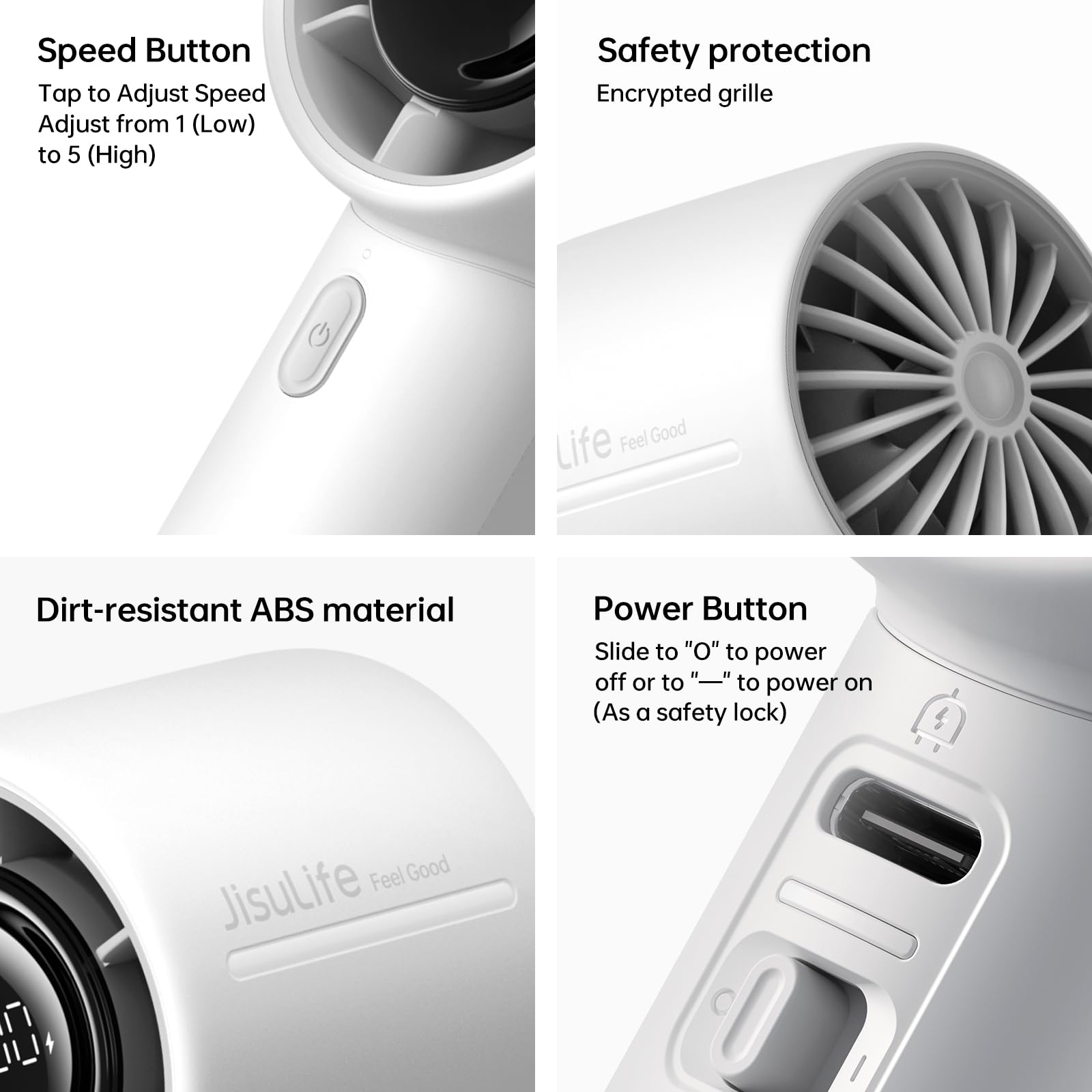 JISULIFE Portable Handheld Fan, 5000mAh Turbo Fan with 5 Speeds, LED Display, 28H Runtime, Rechargeable Mini Personal Fan for Office, Travel, Camping, Cooling & Makeup, Gifts for Women Men (grey)