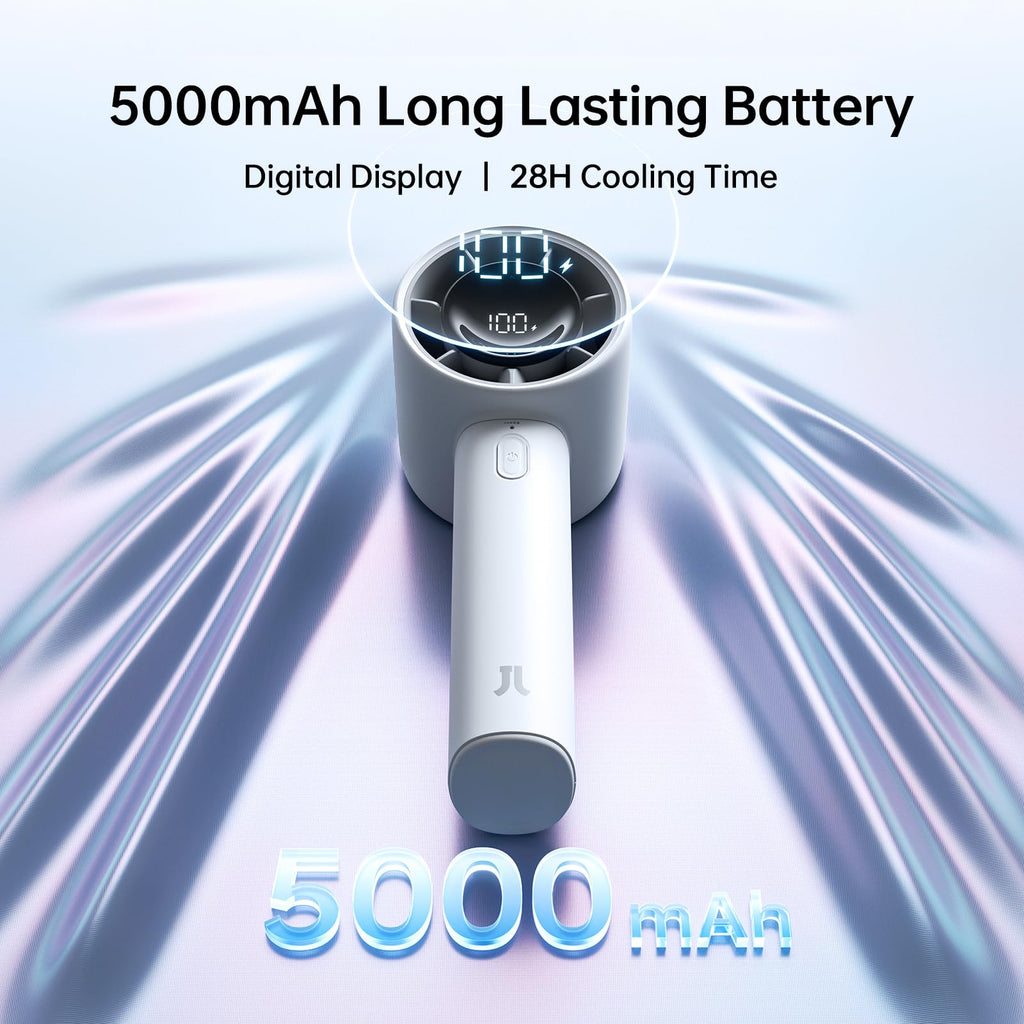 JISULIFE Portable Handheld Fan, 5000mAh Turbo Fan with 5 Speeds, LED Display, 28H Runtime, Rechargeable Mini Personal Fan for Office, Travel, Camping, Cooling & Makeup, Gifts for Women Men (grey)